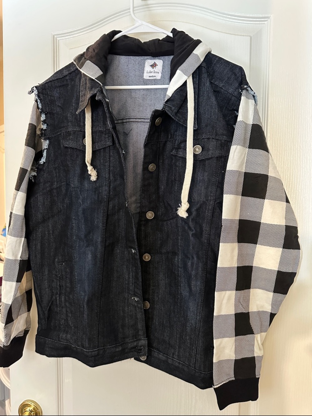 Black Denim Hooded Jean Jacket with Buffalo Plaid Sleeves